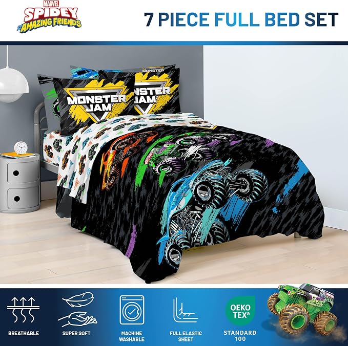 Monster Jam Trucks Full Size Comforter Set 7 Piece Kids Bedding, Black | Grave Digger Megalodon, Comforter Sheets Shams Pillowcases, Official Product, Soft Microfiber, Machine Washable, Boys Gift