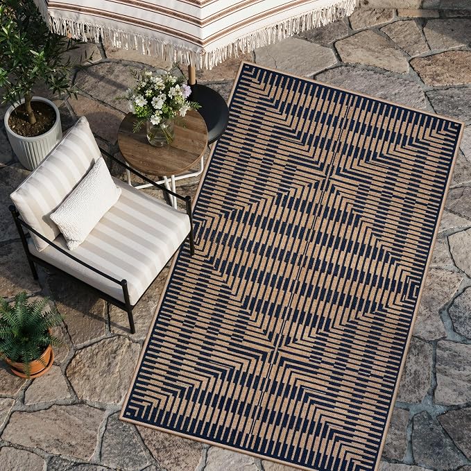 LIVEBOX Jute Look Area Rug 3x5 Indoor Front Door Mat, Washable Outdoor Porch Rugs Non Slip, Boho Geometric Striped Diamond Accent Rug for Entryway (Dark Blue Stripe)