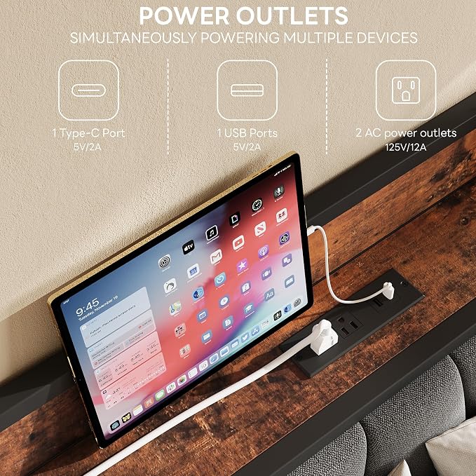LIKIMIO Full Bed Frame, Storage Headboard with Charging Station, Solid and Stable, Noise Free, No Box Spring Needed, Easy Assembly