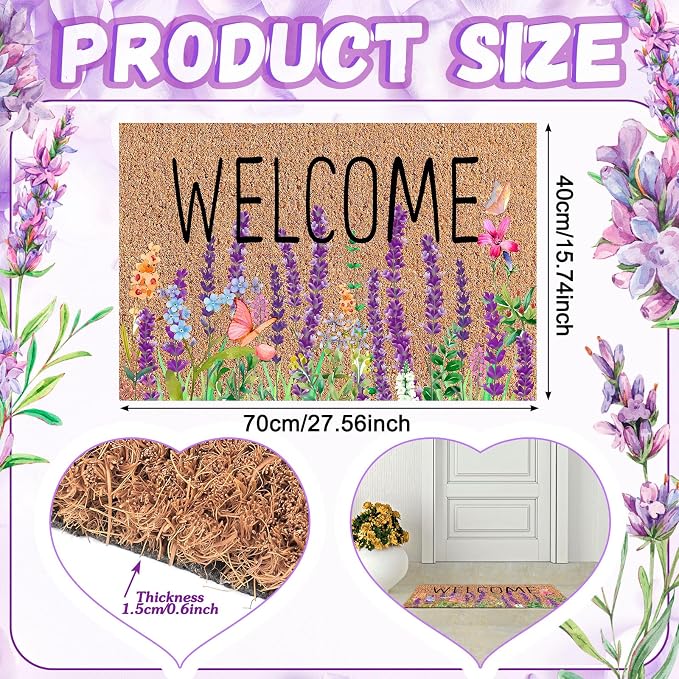 Ceenna Spring Doormat Outdoor Lavender Butterfly Flower Welcome Coir Doormat Spring Front Door Mat with Non Slip Backing Purple Flower Outside Mat Front Porch Rugs for Home Entrance, 16 x 28 Inches