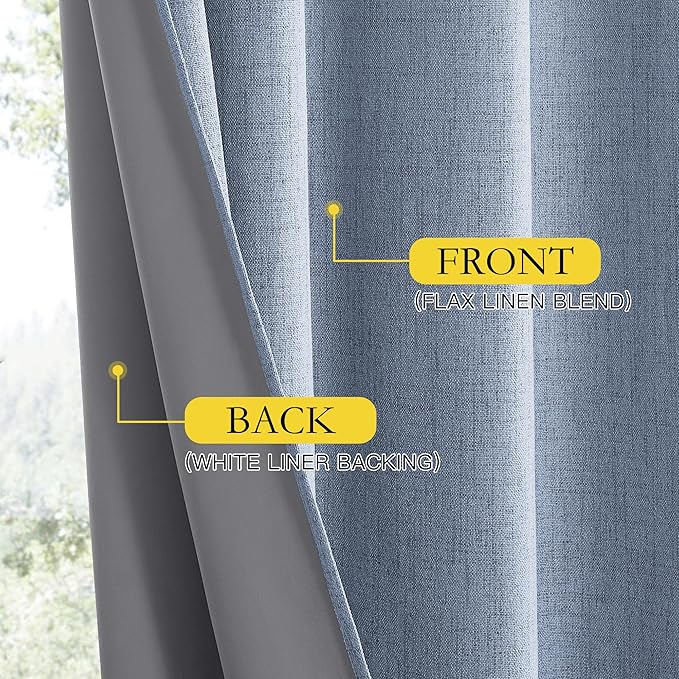 NICETOWN Stone Blue Vintage Linen 100% Blackout Curtains for Living Room, Thermal Insulated Curtains 84“ Long, Noise Reducing Window Treatment Drapes for Hall Room, 52" Wide Per Panel, Set of 2