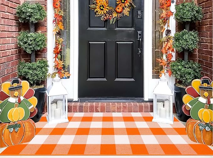 Front Porch Rug 24''x51''Orange and White Outdoor Rug Cotton Washable Fall Door Mat Outdoor for Layered Doormat Halloween Door Mat Kitchen Farmhouse Entryway