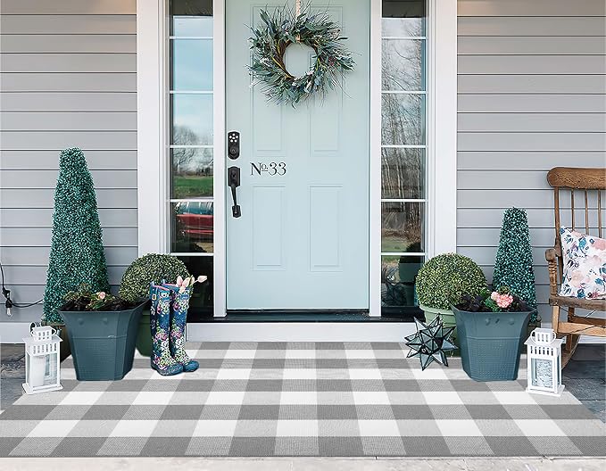 Grey and White Outdoor Rug 3'x 5' Fall Checkered Porch Rug Cotton Woven Washable Layering Door Mats for Welcome Door Mat Porch Entryway Bedroom Living Room