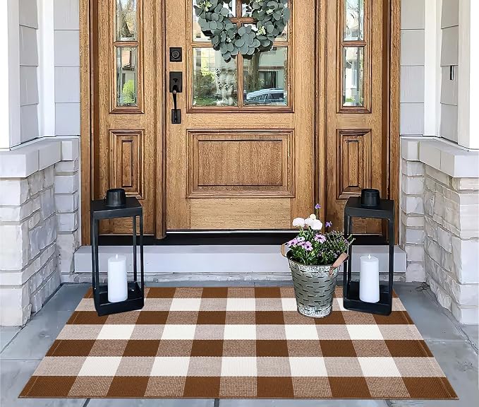 Coffee and White Outdoor Rug 27.5''x 43.3''Buffalo Plaid Layered Doormat Woven Machine Washable Farmhouse Door Mats Outdoor for Hello/Welcome Mat,Entryway,Bedroom,Patio