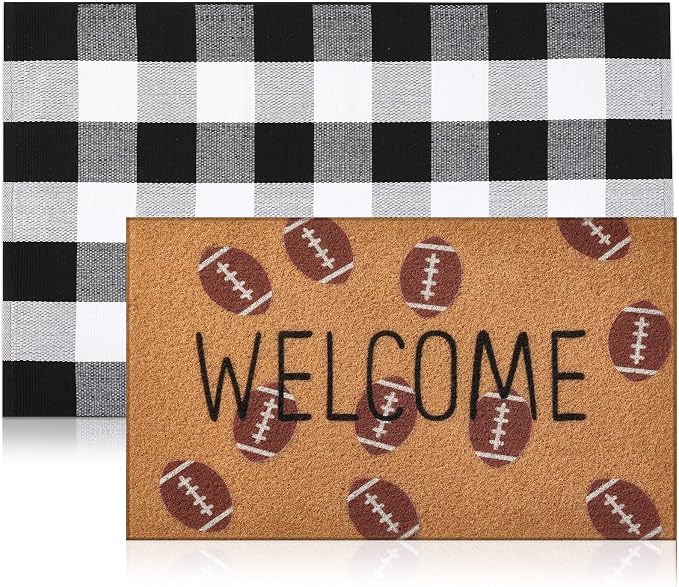 Moucuny 2 Pcs Football Coir Welcome Doormat Outdoor 16'' x 28' Football Coir Mats Layered 24'' x 35'' Black and White Plaid Rug for Front Door Porch Outdoor Entryway Decor