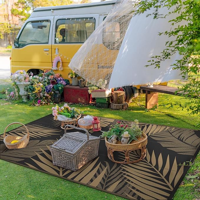 GENIMO Outdoor Rug, Waterproof Plastic Rugs for Patio, 8'x10' Black Brown | Outside Larger Leaf Carpet Mat for Porch Decor, Deck, Balcony, Camping, RV, Backyard, Picnic, Beach, Reversible, Foldable