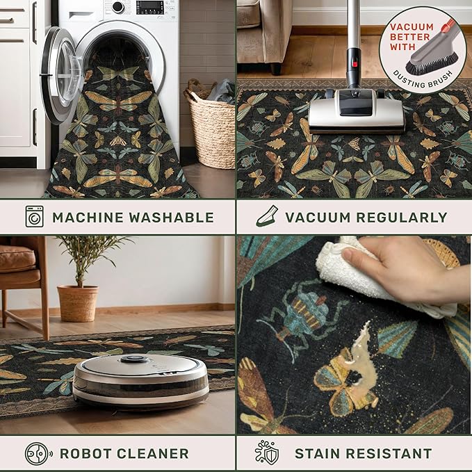 3x8 Green and Black Wide Hallway Runner Rugs - 8ft Washable Kitchen Floor Mats Non Slip, Floral & Insect Pattern Rug for Entryway, Vintage Stain Resistant Indoor Décor