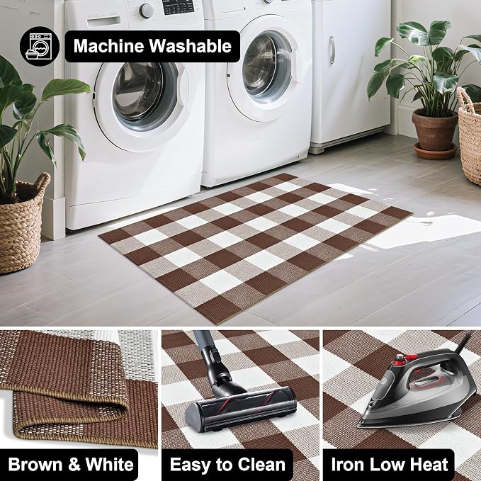 Buffalo Plaid Rug 2.3x3.6 Brown and White Checkered Rug Grid Indoor Outdoor Doormat Porch Layering Carpet Cotton Woven Washable Area Mat for Patio Entryway Farmhouse Decor