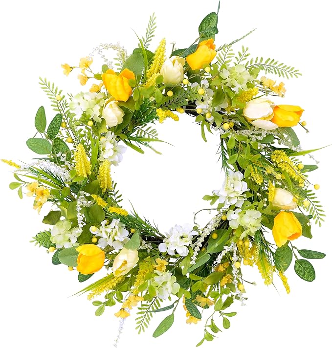 Puleo International 24" Artificial Tulip Floral Spring Door Wreath, Green/Yellow