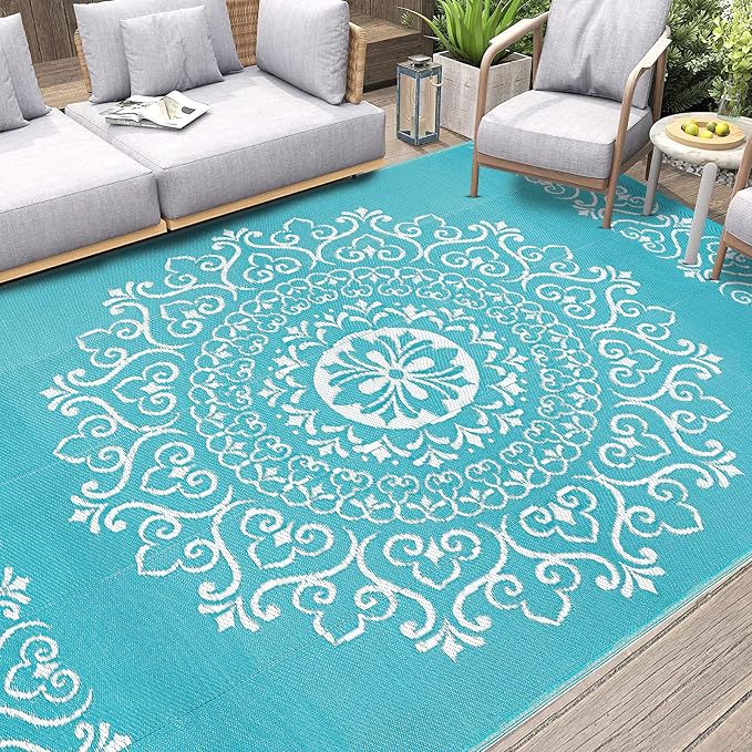 Pauwer Outdoor Rug 9x12, Waterproof Plastic Straw Camping Rug, Floral Teal | Reversible Patio Rug, UV Resistant Indoor Outdoor RV Mat Carpet For Deck, Camper, Porch, Balcony, Backyard, Picnic, Foldable