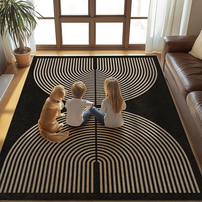 Washable Rainbow Easy Jute Rug, 5x7 Outdoor Indoor Patio Modern Geometric Contemporary Large Rugs, Low Pile Lightweight Non Slip Carpet Mat for Living Dining Room Bedroom Classroom Backyard Farmhouse