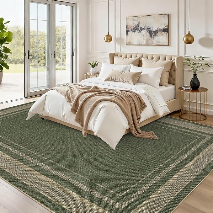 GarveeHome Washable Bedroom 4x6 Area Rug Modern Solid Easy Jute Rug | Non Slip Stain Resistant Living Room Throw Carpet Low Pile Easy Jute Rugs for Kitchen Nursery Entryway Dorm Kids Room, Green