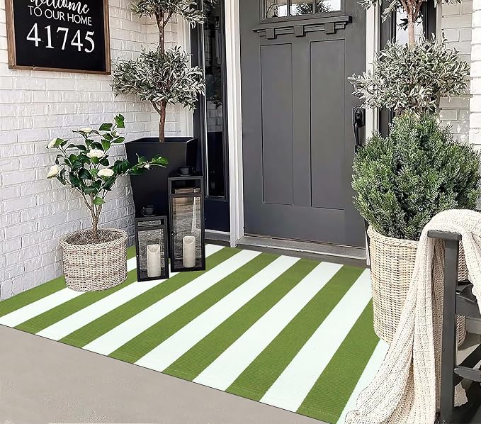 3'x5'Outdoor Rug,Striped Cotton Woven Washable Front Porch Rug Green and White Farmhouse Entry Rug Indoor Outdoor Area Rug for Porch/Home Entrace Decor/Bedroom/Layered Door Mats