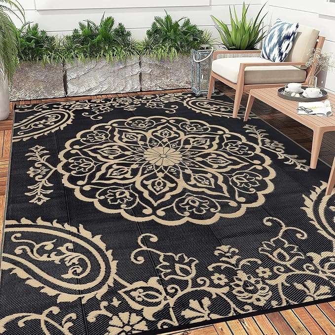Pauwer Outdoor Rug 8x10, Waterproof Plastic Camping Rug, Boho Black Brown | Reversible Patio Rug, UV Resistant Indoor Outdoor RV Mat Carpet For Deck, Camper, Porch, Balcony, Backyard, Picnic, Foldable