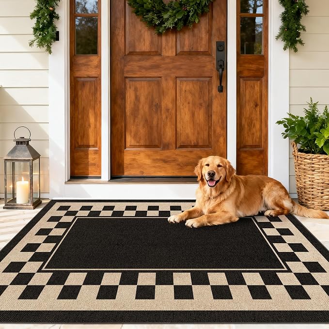 Washable Checkered Easy Jute Rug 3x5, Black Checkerboard Geometric Outdoor Indoor Patio Small Bordered Rugs, Woven Non Slip Thin Neutral Carpet Mat for Bedroom Entryway Front Door Farmhouse