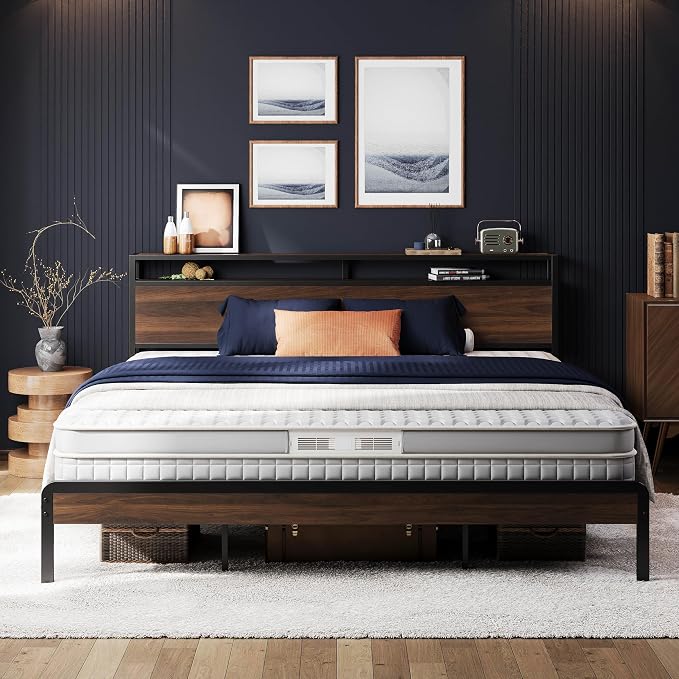 LIKIMIO King Size Bed Frame with 2-Tier Storage Shelf Headboard | Dark Wood Platform Bed, Camas King with Strong Metal Supports, Sturdy, Noise-Free, No Box Spring Needed, Dark Walnut
