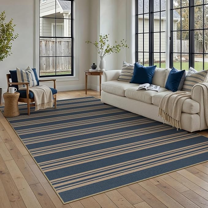 PureCozy Striped Easy Jute Rug 8x10 Blue Living Room Carpet Washable Non Slip Bedroom Office Rug Farmhouse Neutral Non Shedding Indoor Outdoor Large Carpet for Kitchen Dining Room