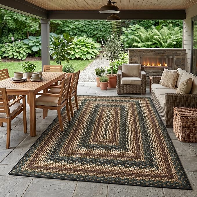 Garvee Braided-Print Washable 9x12 Living Room Rug Non Slip Ultra-Thin Neutral Rug Indoor Outdoor Easy Jute Rugs Foldable Non-Shedding Farmhouse Carpet for Bedroom Kitchen Porch Patio Deck Rust/Black