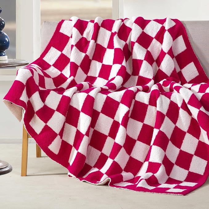 Elegant Comfort Checkered Throw Blanket, Hot Pink Super Soft Cozy Fluffy Warm Throw Blankets for Couch, Sofa, Chair, Bed, Camping, Picnic, Travel Lightweight Bed Blanket (50" x 70")