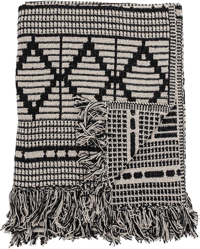 Bloomingville Soft Reclaimed Cotton Blend Throw with Diamond Pattern and Fringe, Black and Beige