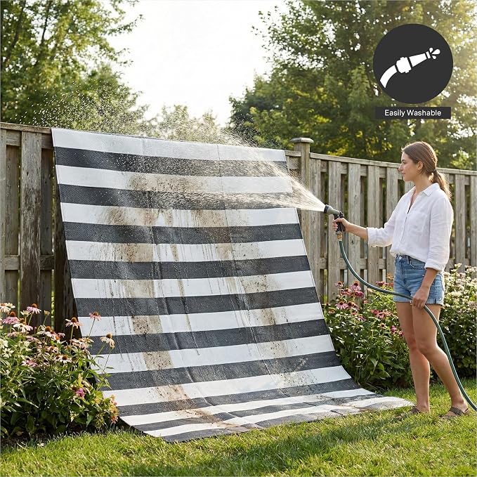FH Home Outdoor Camping Rug - Waterproof, Fade Resistant, Reversible - Premium Recycled Plastic - Striped - Large Patio, Deck, Sunroom, RV - Brittany Stripe - Black & White - 9 x 18 ft Foldable