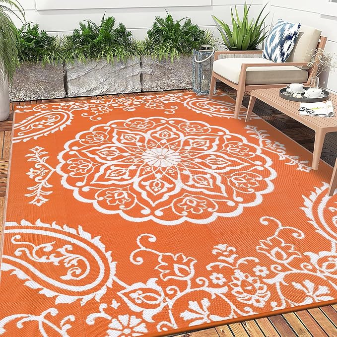 Pauwer Outdoor Rug 6x9, Waterproof Plastic Straw Camping Rug, Boho Orange | Reversible Patio Rug, UV Resistant Indoor Outdoor RV Mat Carpet For Deck, Camper, Porch, Balcony, Backyard, Picnic, Foldable