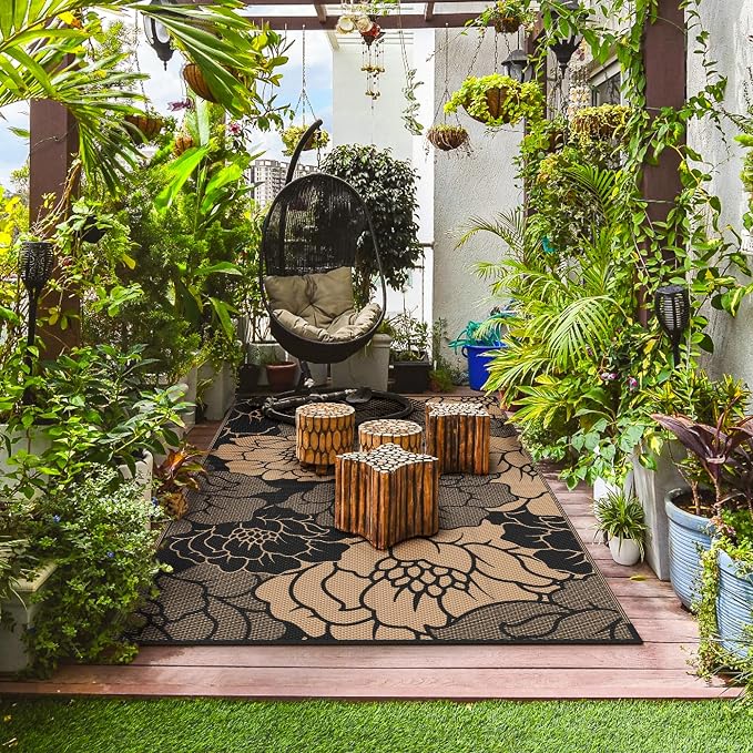 GENIMO Outdoor Rug, Waterproof Plastic Rugs for Patio, 5'x8' Raven Brown | Outside Larger Leaf Carpet Mat for Porch Decor, Deck, Balcony, Camping, RV, Backyard, Picnic, Beach, Reversible, Foldable