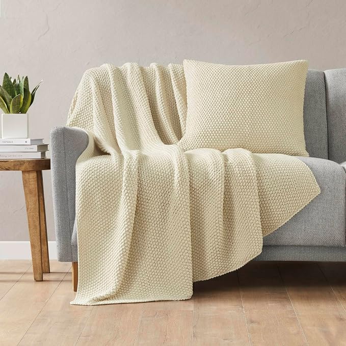 INK+IVY Bree Knit All Season Throw Blanket for Sofa, 50 x 60, Ivory | Ultra Soft, Acrylic, Lightweight, OEKO-TEX Certified