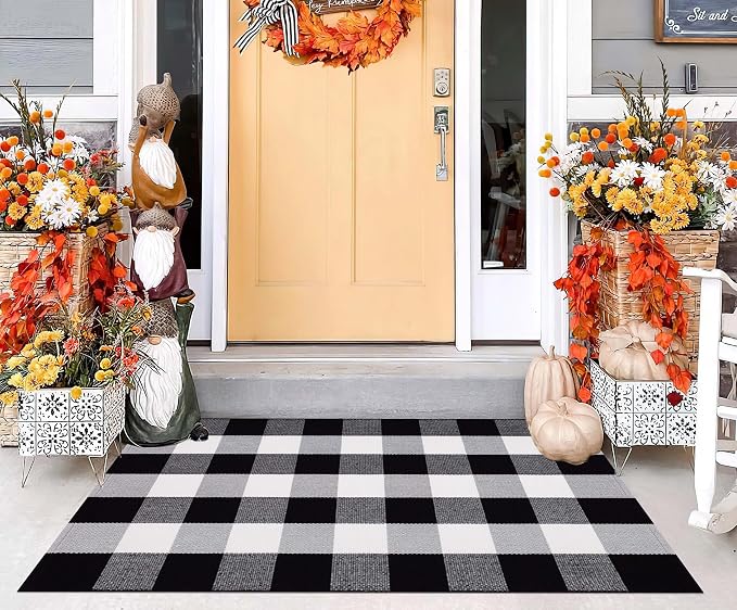 Buffalo Plaid Outdoor Rug 27.5''x 43.3''Black and White Checkered Rug Cotton Machine Washable Farmhouse Mat for Outdoor, Kitchen, Farmhouse, Entryway,Bathroom