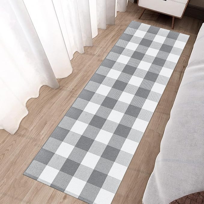 Buffalo Plaid Runner Rug 2x6 Feet Grey and White Checkered Runner Rug Cotton Woven Farmhouse Floor Mat Washable Rugs for Hallway Kitchen Laundry Bedroom Living Room