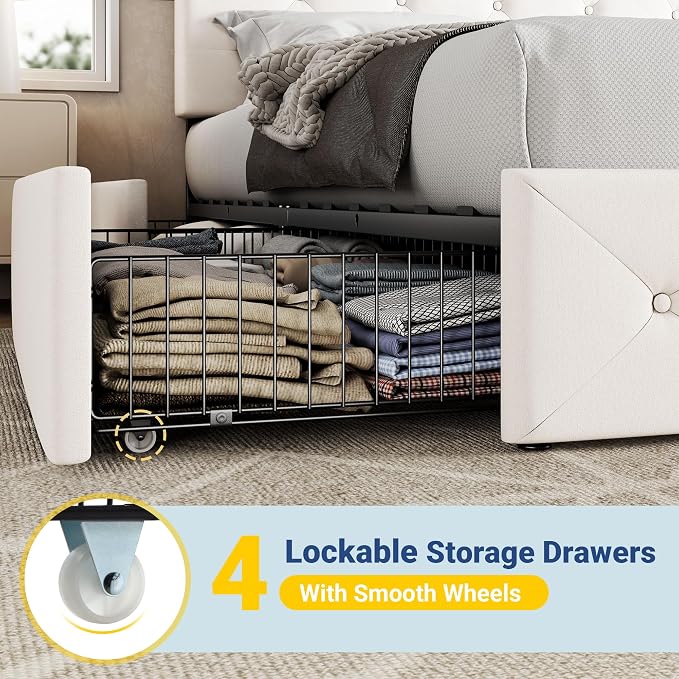Allewie Upholstered King Size Platform Bed Frame with 4 Storage Drawers and Adjustable Headboard, Diamond Button Tufted, Wooden Slats Support, Noise-Free, No Box Spring Needed, Easy Assembly, White