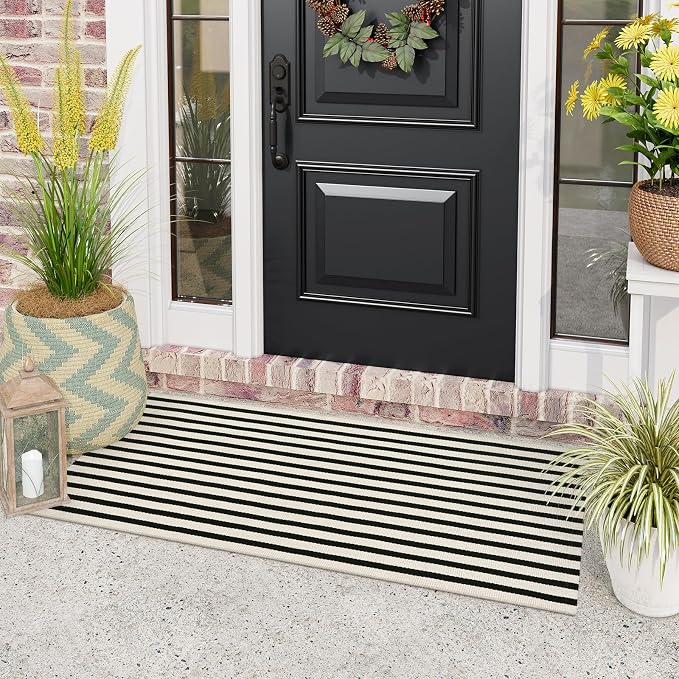 LEEVAN 2'X4.3' Black and White Striped Woven Cotton Reversible Outdoor Rug | Small Machine Washable Front Porch Rug, Entryway Door Mat, Indoor Layering Carpet for Farmhouse Bathroom Laundry