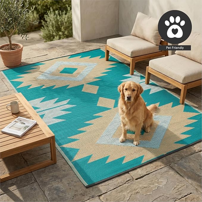 FH Home Outdoor Rug - Waterproof, Fade Resistant, Reversible - Premium Recycled Plastic - Geometric - Patio, Deck, Porch, Balcony - Bursa Kilim - Teal Crease Free - 6 x 9 ft