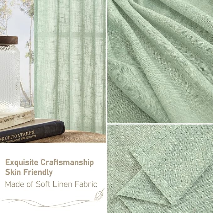 LAMIT Fresh Green Linen Curtains 54 Inch Length 2 Panels, Light Filtering Semi - Image 7