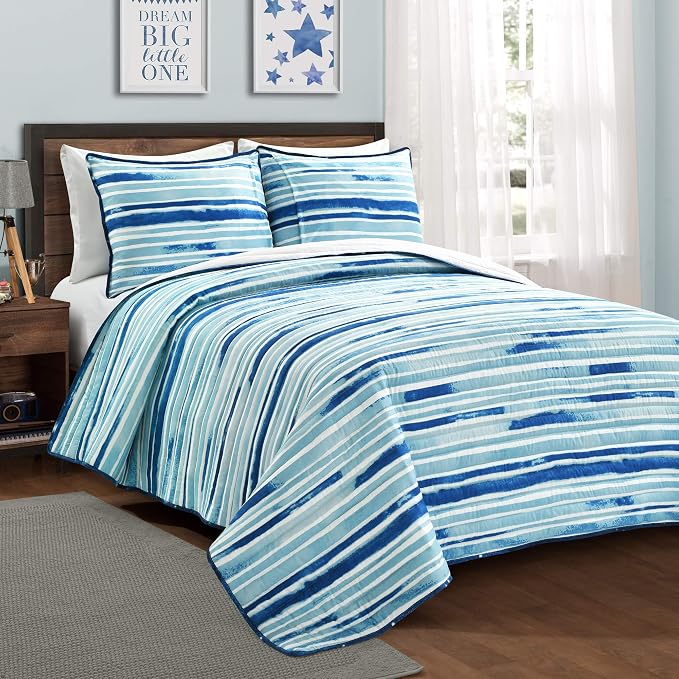 Lush Decor Space Star Ombre Quilt 3 Piece Set, Full/ Queen, Navy & White - Toddler Galaxy Reversible Watercolor Stripe Print for Kids Room