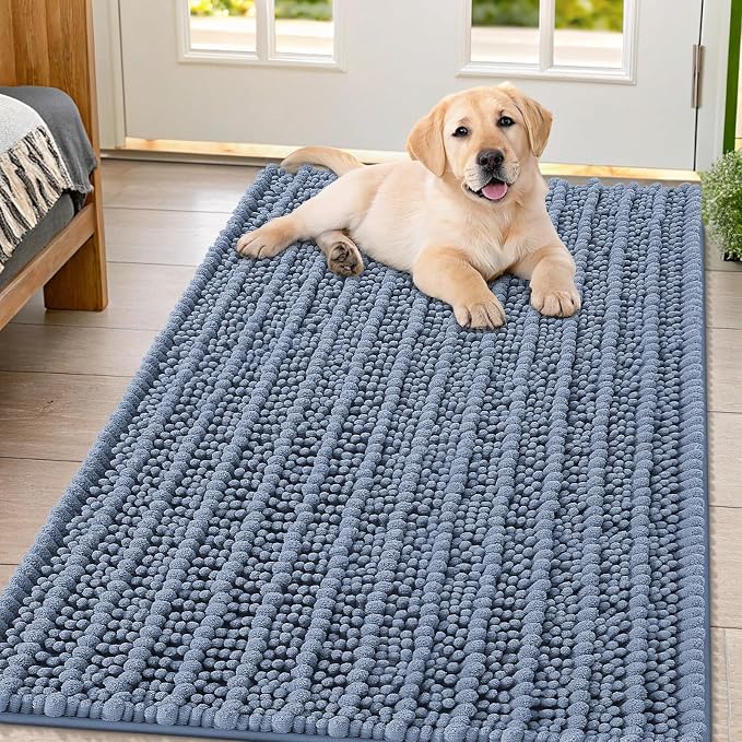Smiry Dog Door Mat for Muddy Paws 47x32, Absorbent Dirt Trapper, Non-Slip Washable Chenille Entryway Rug for Inside Floor, Airy Blue, Layered Pattern