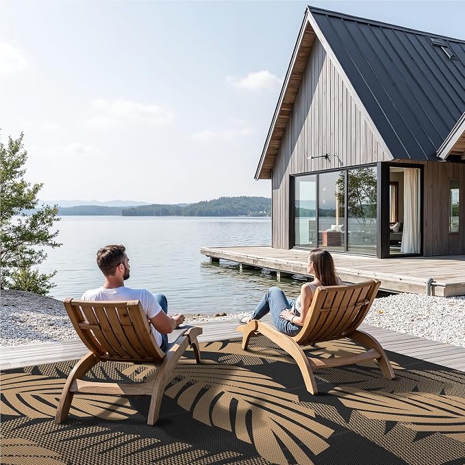 GENIMO Outdoor Rug, Waterproof Plastic Rugs 10'x14' for Camping Black Brown | Outside Larger Leaf Carpet Mat for Porch Decor, Deck, Balcony, Camping, RV, Backyard, Picnic, Beach, Reversible, Foldable