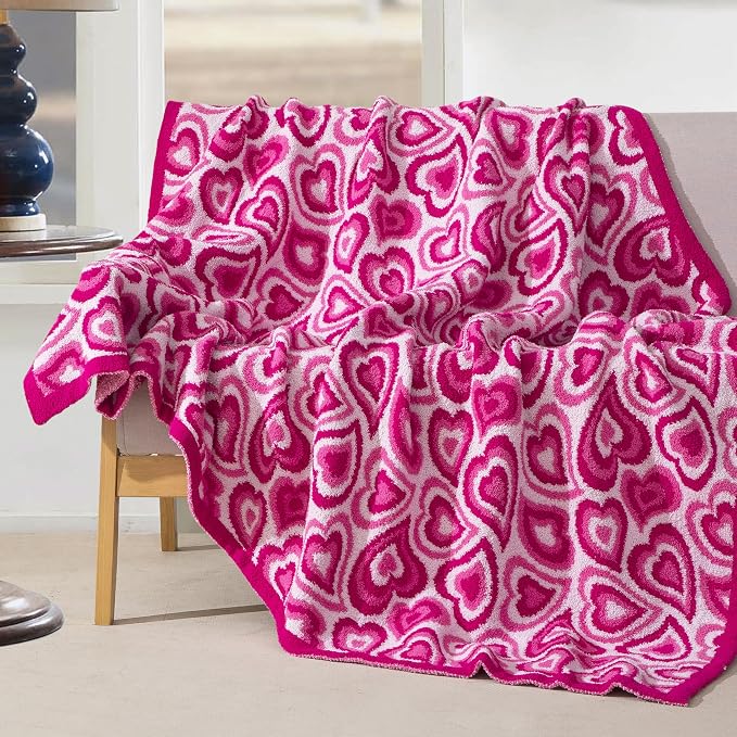 Elegant Comfort Valentine's Day Knit Throw Blanket, Pink Wild Hearts Super Soft Cozy Fluffy Warm Throw Blankets for Couch, Sofa, Chair, Bed, Camping, Picnic, Travel Lightweight Bed Blanket (50" x 70")