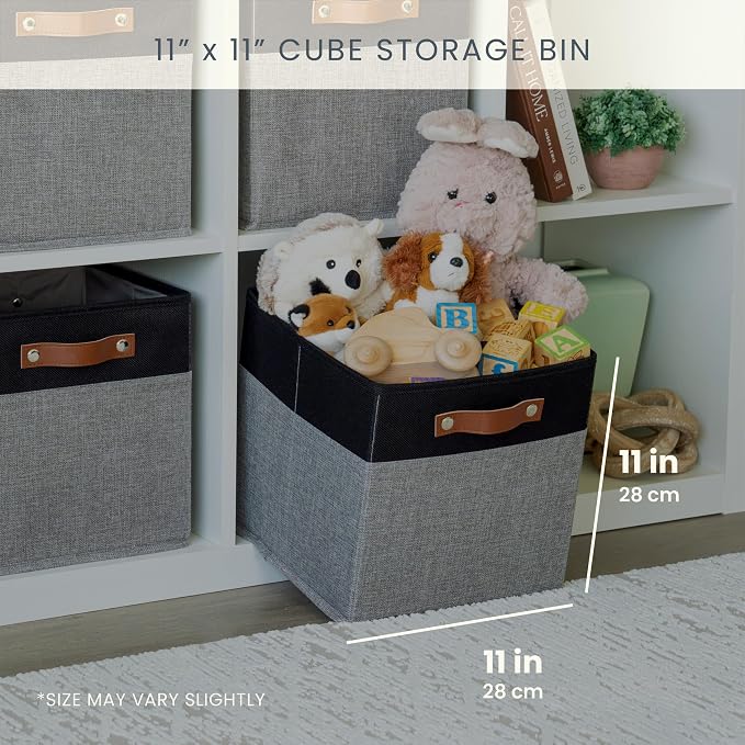 OrganiHaus 11x11 Cube Storage Bins, Set of 4 - Fabric Storage Cubes | Sturdy, holds its shape; odor-free; fits ClosetMaid 11-inch shelves; vegan leather handles