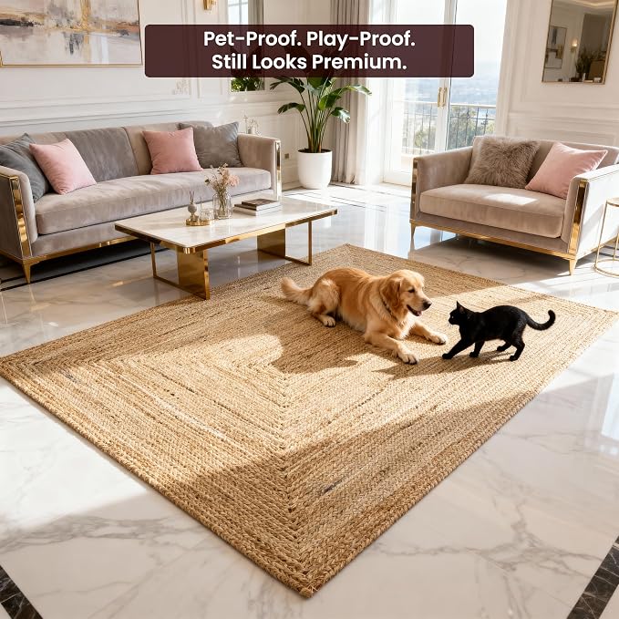 Craft Trade Rectangle Jute Area Rug, 5x7 Feet, Natural Braided Handwoven Floor Carpet, Reversible Rectangle Jute Rug for Living Room and Bedroom