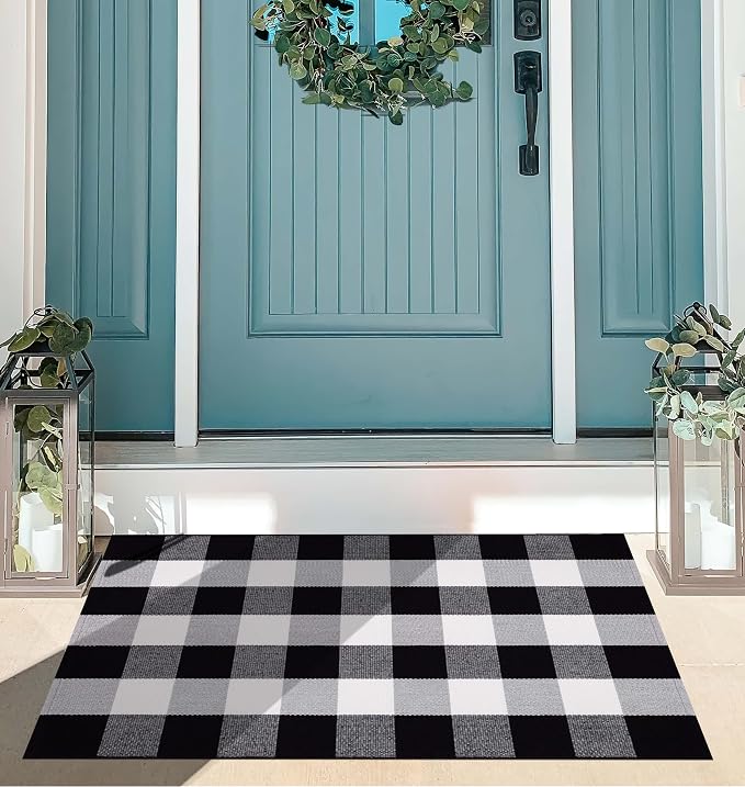 Black and White Layered Doormat 27.5''X 43.3''Checkered Outdoor Rug Cotton Woven Washable Door Mats Outdoor for Welcome Hello Door Mat Porch Entryway Bedroom Living Room