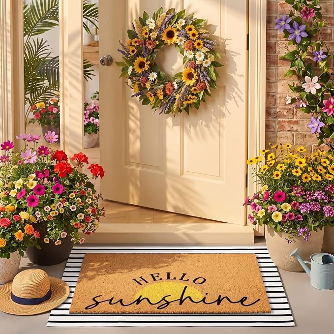Tinideya 2 Pcs Summer Sunshine Door Mat Yellow Welcome Non Slip Coir Mats Stripe Floor Layering Doormats Seasonal for Front Porch Entryway Decor(Sunshine)