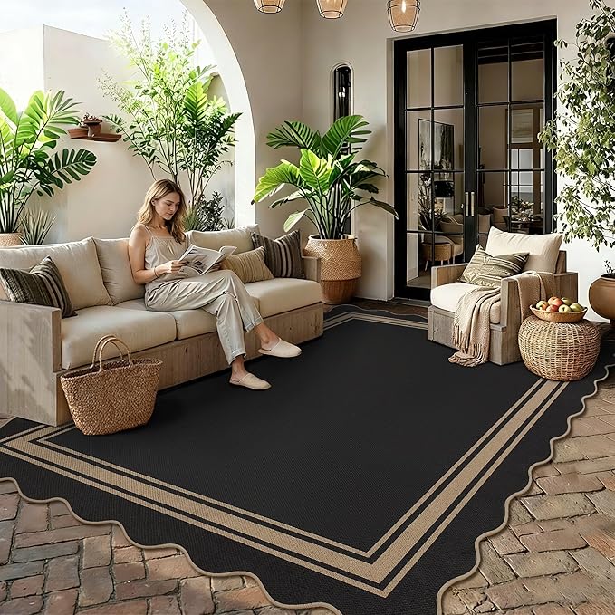 6x9 Scalloped Rug Easy Jute Washable Outdoor Patio Rug for Living Room Indoor Outdoor Black Geometric Neutral Carpet for Backyard Patio Dining Room