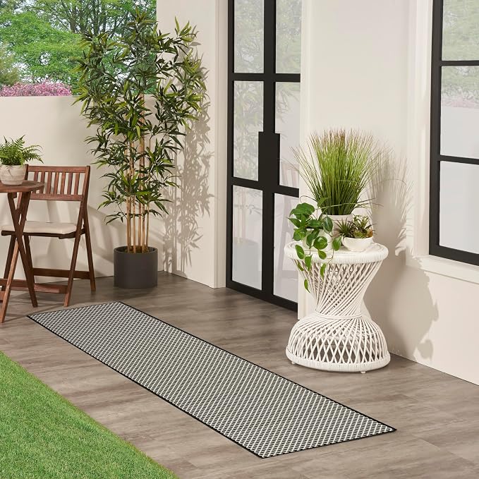 Nourison Home Courtyard Black White 2' x 6' Area Rug - Easy Clean, Non Shedding, Bed Room, Living Room, Dining Room, Kitchen (6' Runner)