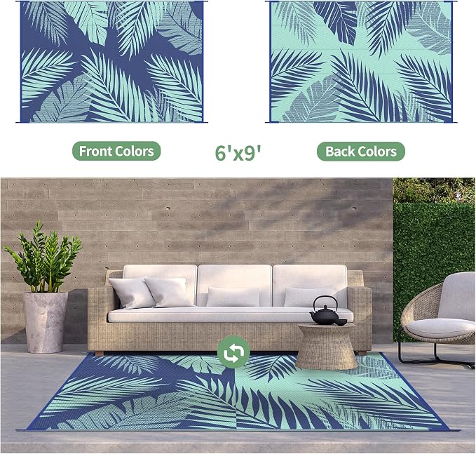 GENIMO Outdoor Rug, Waterproof Plastic Rugs for Patio, 6'x9' Navy Green | Outside Larger Leaf Carpet Mat for Porch Decor, Deck, Balcony, Camping, RV, Backyard, Picnic, Beach, Reversible, Foldable