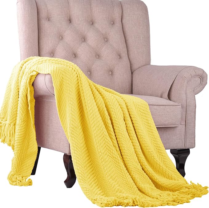 Home Soft Things Yellow Throw Blanket Knitted Tweed Throw 50'' x 60'', Sunshine Yellow, Super Soft Cozy Warm Comfortable Breathable Throw for Living Room Chair Couch Bed Sofa Bedroom Home Décor