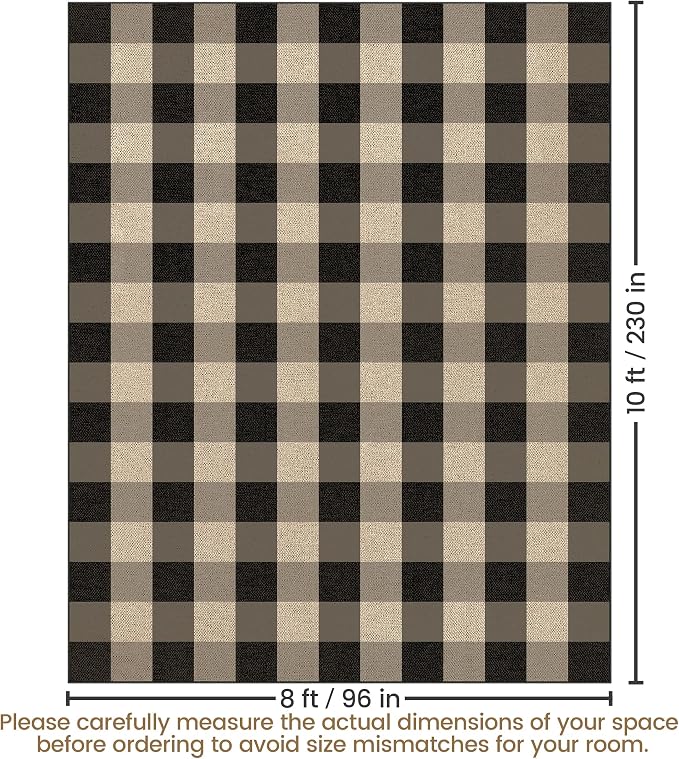 Washable Checkered Easy Jute Rug 8x10, Black Plaid Checkerboard Geometric Modern Outdoor Indoor Patio Large Rug, Woven Thin Carpet Mat for Living Dining Play Room Bedroom Classroom Kid Nursery