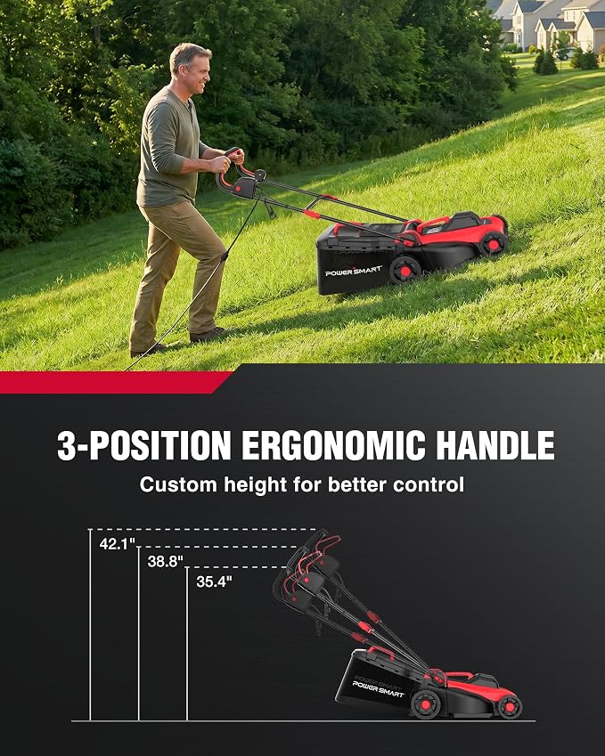 PowerSmart Corded Electric Lawn Mower, 14 Inch, 12.5 Amp, Ergonomic Design | Large Capacity Grass Catcher, Lightweight, 6-Position Height Adjustment, 2-in-1 Mulch & Bag