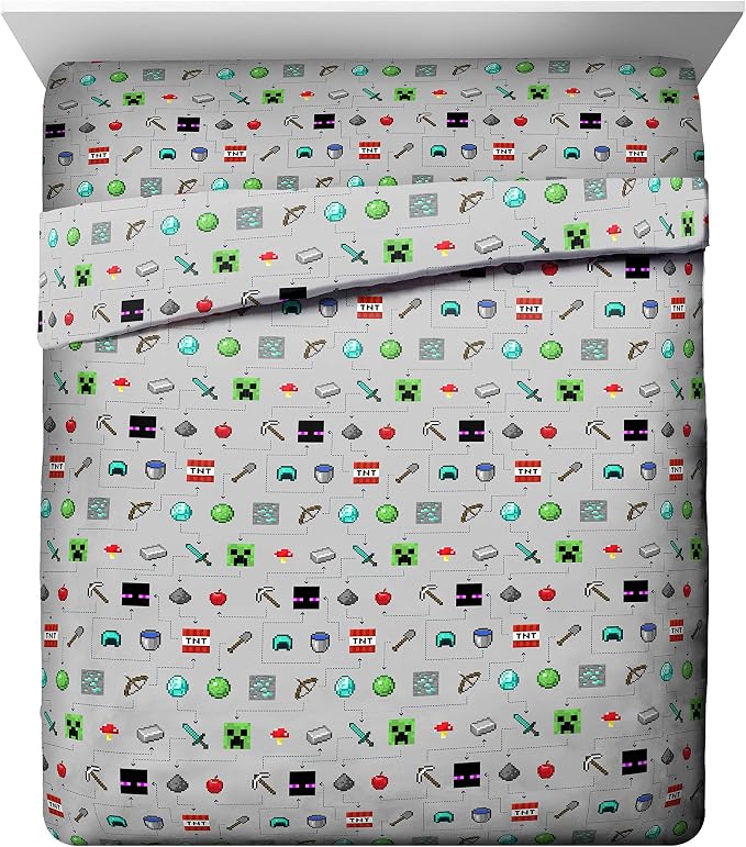 Minecraft Creeper Queen Comforter Set 5 Piece Kids Bedding for Boys, Multi | Zombie, Bed in a Bag, Comforter Sheets Pillowcases, Official Product, Soft Microfiber, Machine Washable, Boys Gift