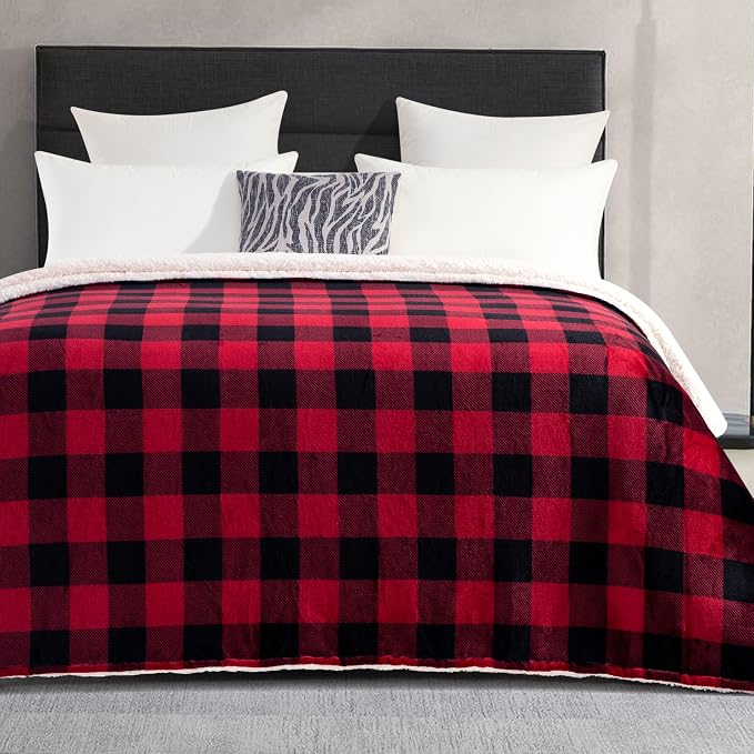 Elegant Comfort Ultra Soft Reversible Buffalo Plaid Flannel Sherpa Blanket - Cozy Silky Checkered Fleece Throw for Couch, Bed - Plush Fuzzy Warm Winter Blanket for Gift, Twin XL, Burgundy